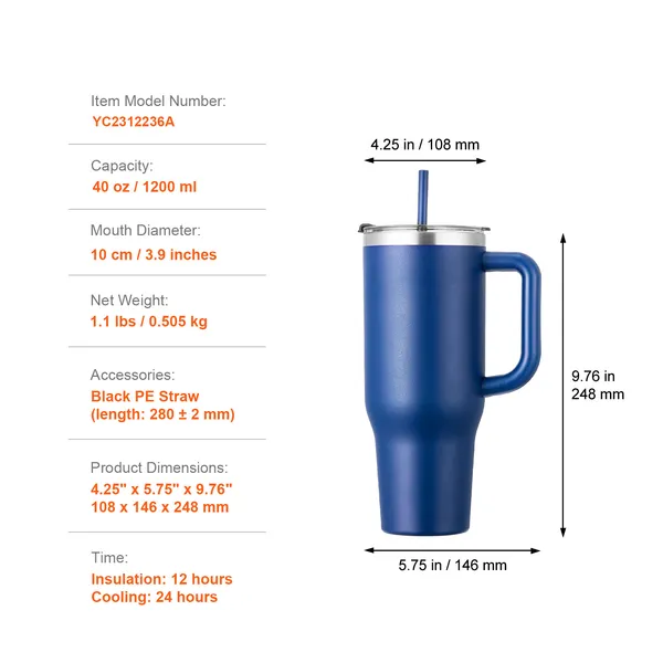 40 oz Insulated Water Bottle, Stainless Steel Sports Coffee Cup with Lid, Handheld Travel Coffee Mug Double Walled, Camping Hydration Flask Leakproof, for Indoor/Outdoor School, Work, Blue - Image 8