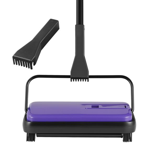 Carpet Sweeper Manual, Floor Sweeper with 300 ml Dustbin Capacity Easy to Empty, 6.7 inch Cleaning Width for Home Office Carpets Pet Hair Dust, Purple - Image 2
