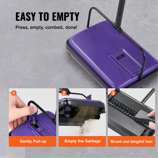 Carpet Sweeper Manual, Floor Sweeper with 300 ml Dustbin Capacity Easy to Empty, 6.7 inch Cleaning Width for Home Office Carpets Pet Hair Dust, Purple - Image 7
