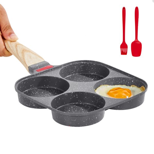 Egg Pan, 4-Cup Nonstick Egg Frying Pan, Aluminum Breakfast Omelette Skillet for Pancakes, Hamburgers, Sandwiches, with Lid, Oil Brush, Scraper, Compatible with Gas Stove & Induction Cookware - Image 2
