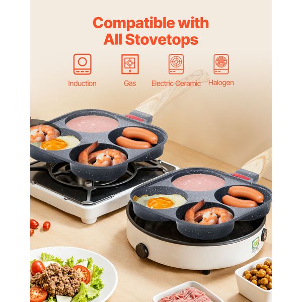 Egg Pan, 4-Cup Nonstick Egg Frying Pan, Aluminum Breakfast Omelette Skillet for Pancakes, Hamburgers, Sandwiches, with Lid, Oil Brush, Scraper, Compatible with Gas Stove & Induction Cookware - Image 3