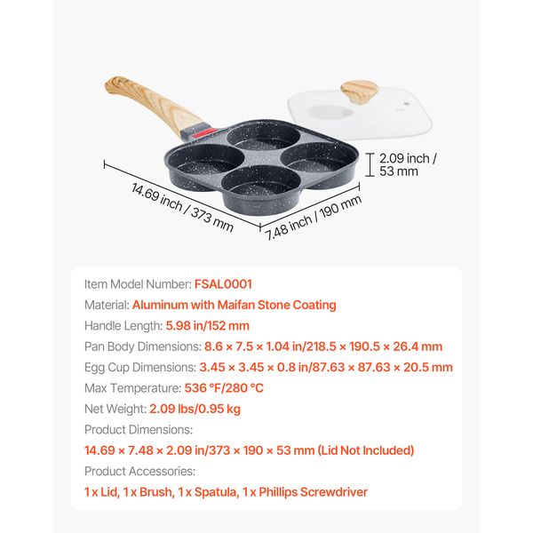 Egg Pan, 4-Cup Nonstick Egg Frying Pan, Aluminum Breakfast Omelette Skillet for Pancakes, Hamburgers, Sandwiches, with Lid, Oil Brush, Scraper, Compatible with Gas Stove & Induction Cookware - Image 5