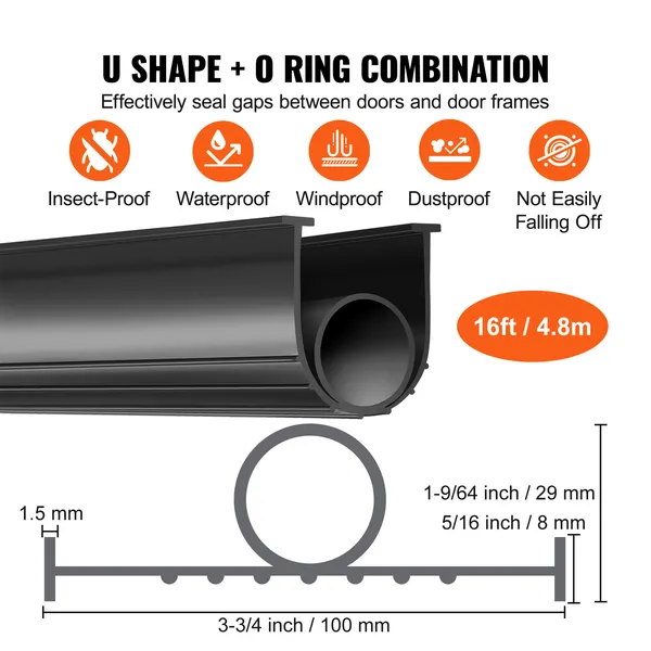Garage Door Seals Bottom Rubber, U Shape +O Ring Garage Door Weather Stripping, Universal Weatherproof Threshold Buffering Sealing Rubber , 5/16 inch T-ends and 3 3/4 inch Width (16 Ft, Black) - Image 3