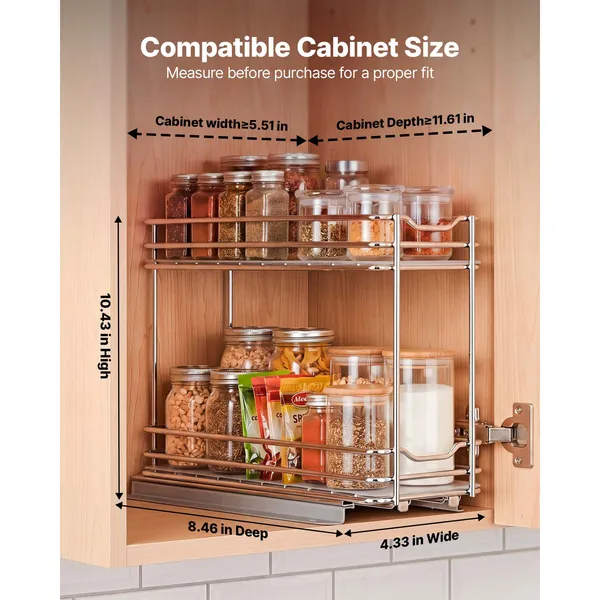 Pull Out Spice Rack Organizer for Cabinet, 2 Tier Slide Out Spice Rack Organizer, Heavy Duty Metal Seasoning Kitchen Basket for Inside Cabinets & Pantry Closet, 4.33W x 8.46D x 10.43H, Silver - Image 3