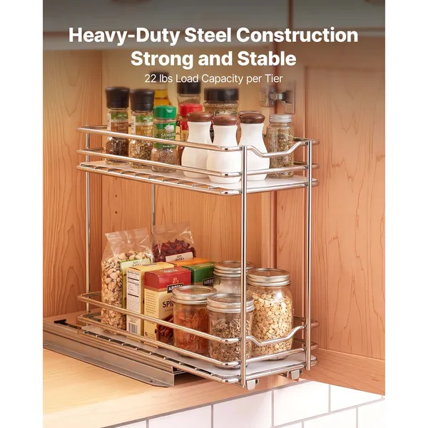 Pull Out Spice Rack Organizer for Cabinet, 2 Tier Slide Out Spice Rack Organizer, Heavy Duty Metal Seasoning Kitchen Basket for Inside Cabinets & Pantry Closet, 4.33W x 8.46D x 10.43H, Silver - Image 5