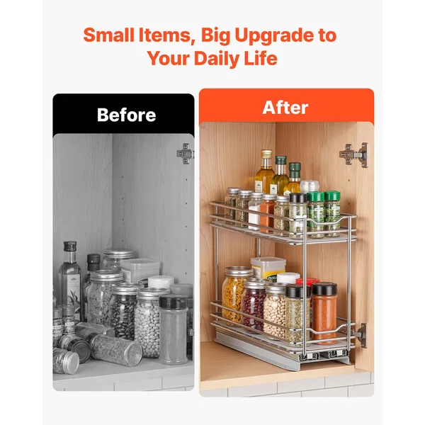Pull Out Spice Rack Organizer for Cabinet, 2 Tier Slide Out Spice Rack Organizer, Heavy Duty Metal Seasoning Kitchen Basket for Inside Cabinets & Pantry Closet, 4.33W x 8.46D x 10.43H, Silver - Image 7