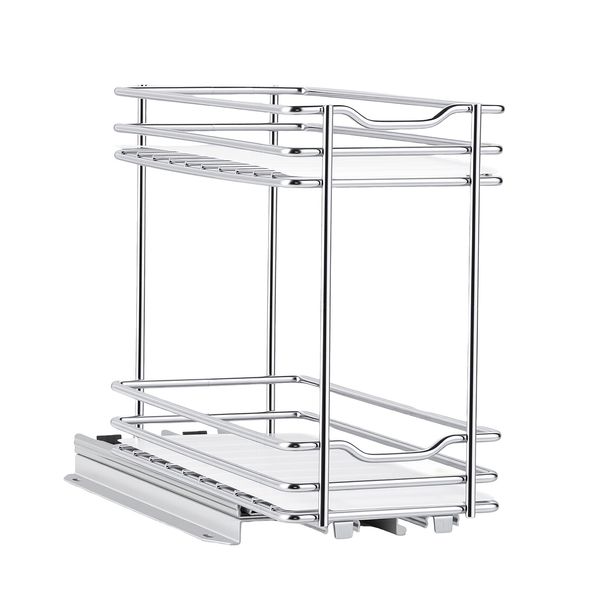 Pull Out Spice Rack Organizer for Cabinet, 2 Tier Slide Out Spice Rack Organizer, Heavy Duty Metal Seasoning Kitchen Basket for Inside Cabinets & Pantry Closet, 4.33W x 8.46D x 10.43H, Silver